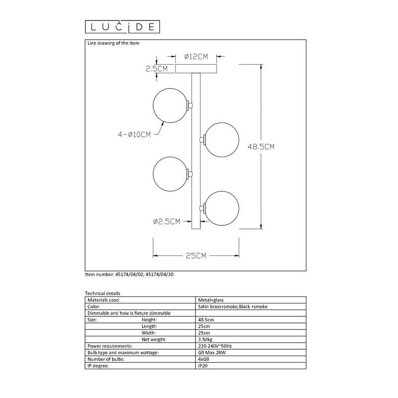 Lucide tycho ceiling light Ø25cm 4xG9 black with 220-240V input