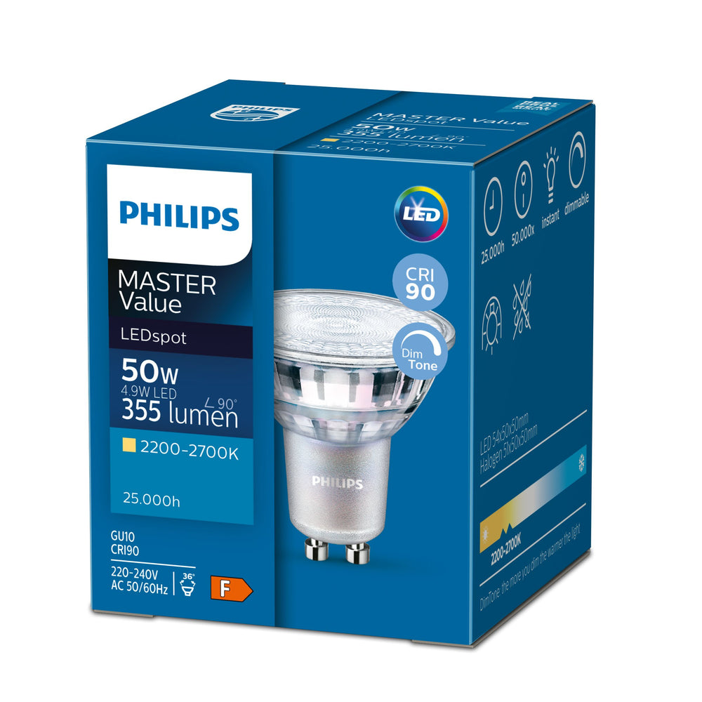 Philips LED GU10 spot 4.9W 3000K 365 lumen CRI 90 dimmerabile fascio 36° PAR16