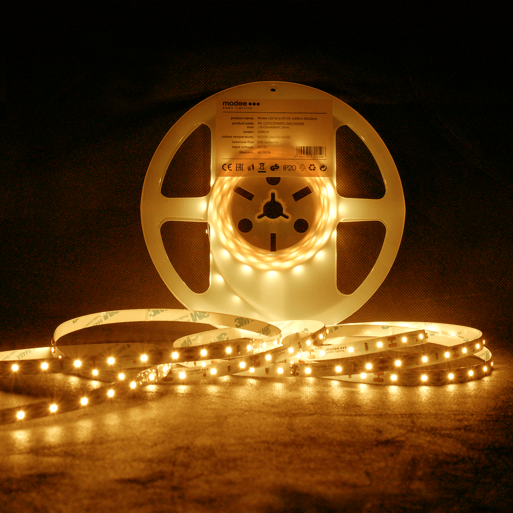 Modee striscia LED silicone 12V 4.8W/m 60LED/m 2700K 540 lumen/m CRI 90 IP65 8mm rotolo 5m