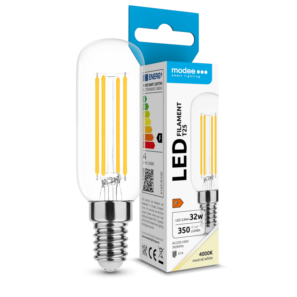 Modee Filamento LED Tubo T25 3.5W E14 4000K 350 lumen 360° Lampadina in Vetro IP20 >80CRI