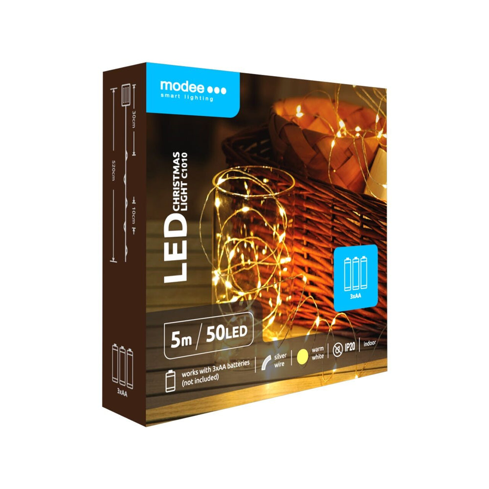 Modee Luci di Natale a stringa LED 5m 50LED 3000K bianco caldo filo di rame a batteria IP20 uso interno