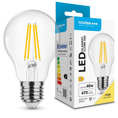 Lampadina a filamento LED Modee A60 4W E27 2700K 470 lumen 360° bianco caldo globo in vetro non dimmerabile IP20