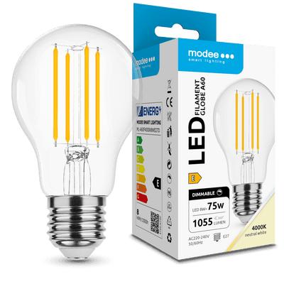 Modee Lampadina LED Filamento A60 8W E27 4000K 1055 lumen 360° Dimmerabile Vetro IP20