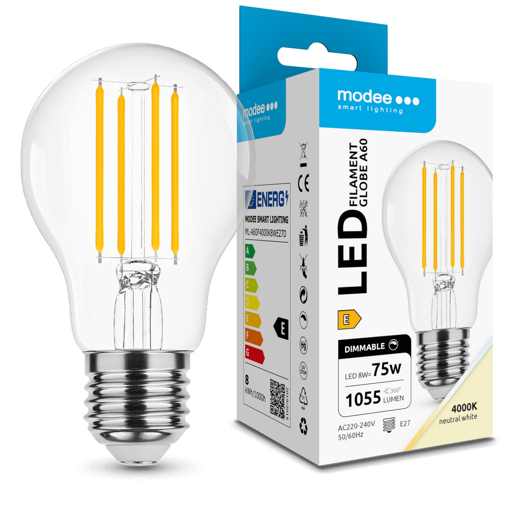 Modee Lampadina LED Filamento A60 8W E27 4000K 1055 lumen 360° Dimmerabile Vetro IP20