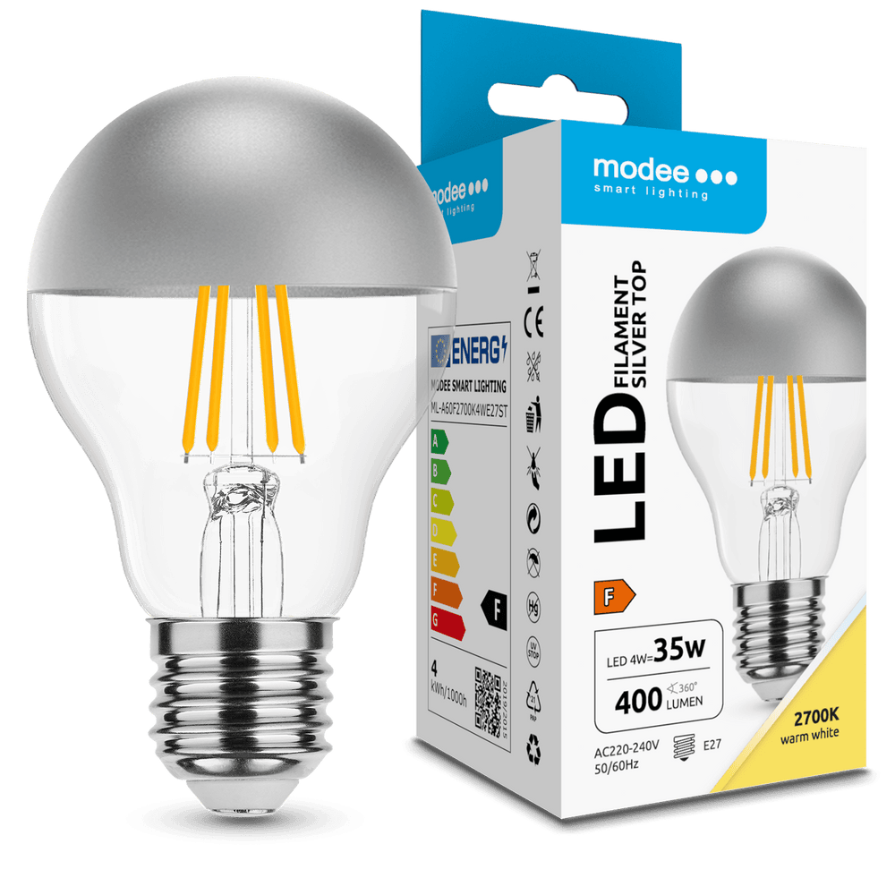 Modee Lampadina LED Filamento A60 E27 4W 2700K 400 lumen 320° Vetro Top Argento Non Dimmerabile
