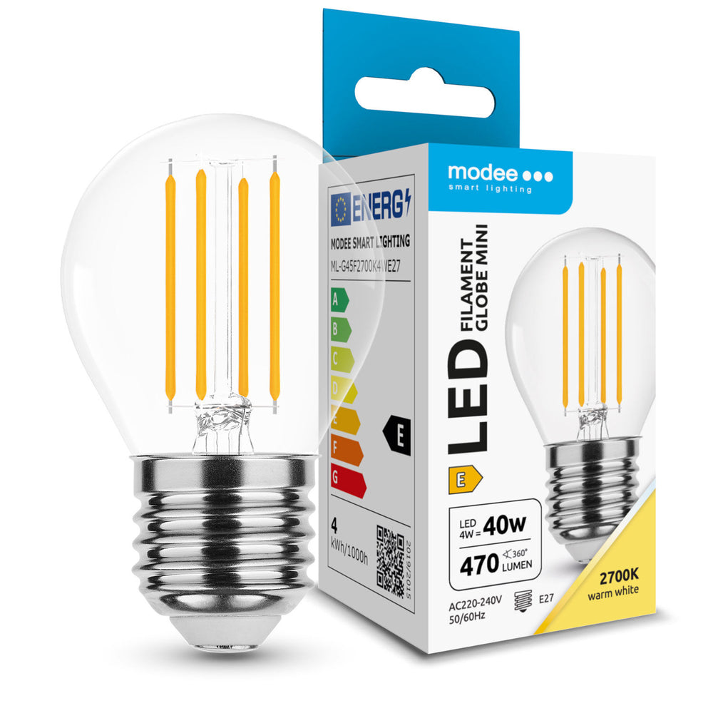 Lampadina Modee LED a filamento G45 mini globo 4W E27 2700K 470 lumen 360° vetro non dimmerabile
