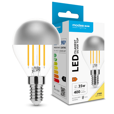 Modee LED filament bulb G45 Silver Top 4W E14 2700K 400 lumens 320° warm white glass chrome