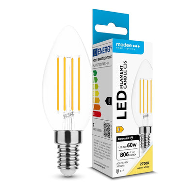 Modee LED Filament Candela C35 7W E14 2700K dimmerabile 360° lampadina in vetro 806 lumen CRI 80 IP20