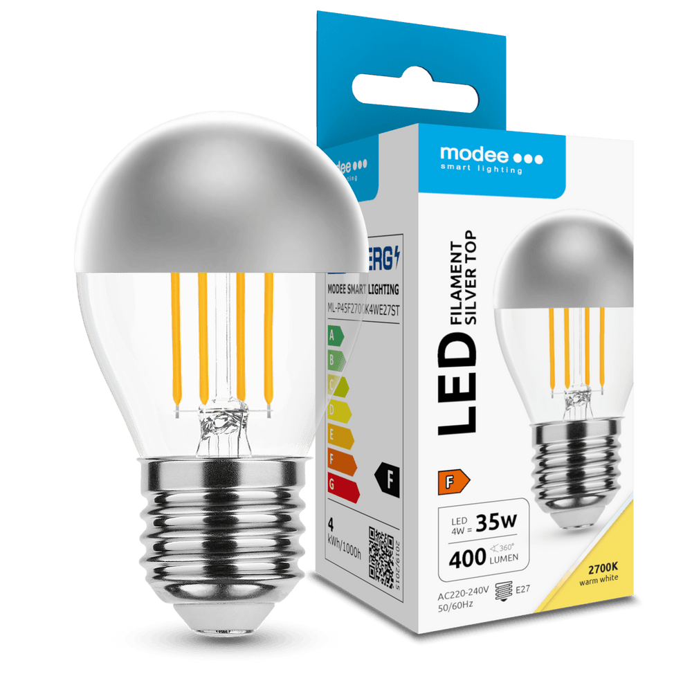 Lampadina Modee LED Filament G45 Mini Globo 4W E27 2700K 400 lumen Silver Top 320° Bianco Caldo