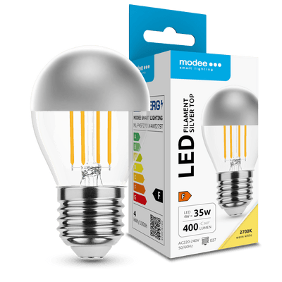 Modee LED Filament G45 Mini Globe Bulb 4W E27 2700K 400 lumens Silver Top 320° Warm White
