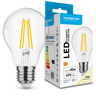 Modee LED Filament Globe A60 4W E27 4000K 470 lumens 360° Glass Bulb IP20 CRI 80