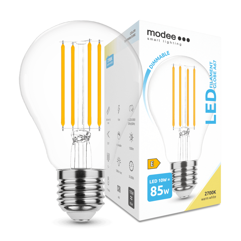 Modee LED Filament Globe A67 10W E27 2700K 1350 lumens dimmable 360° glass bulb IP20