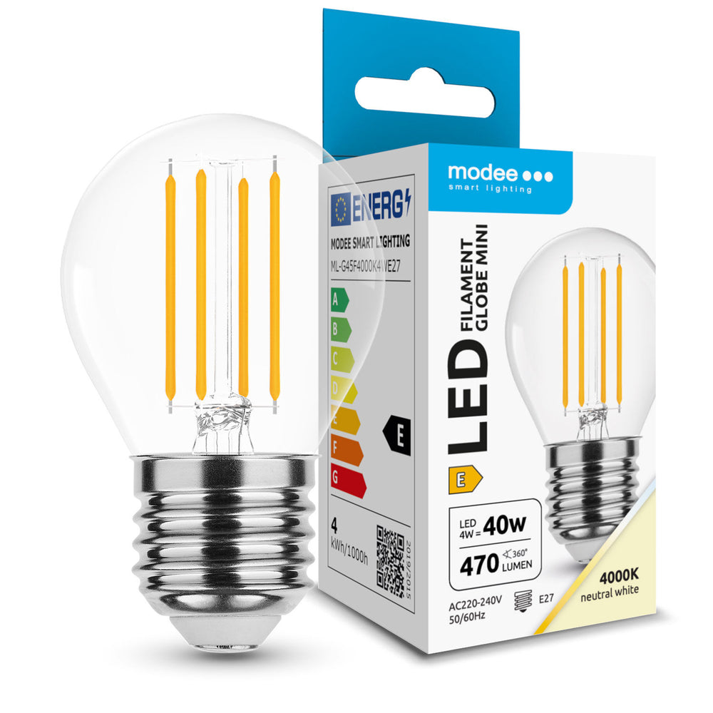 Modee LED Filament Globo Mini G45 4W E27 4000K 470 lumen 360° Lampadina in Vetro Non Dimmerabile IP20