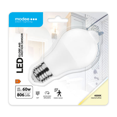 Modee LED Smart Globe A60 8.8W E27 4000K 806 lumen lampadina con sensore PIR fascio 200° IP20