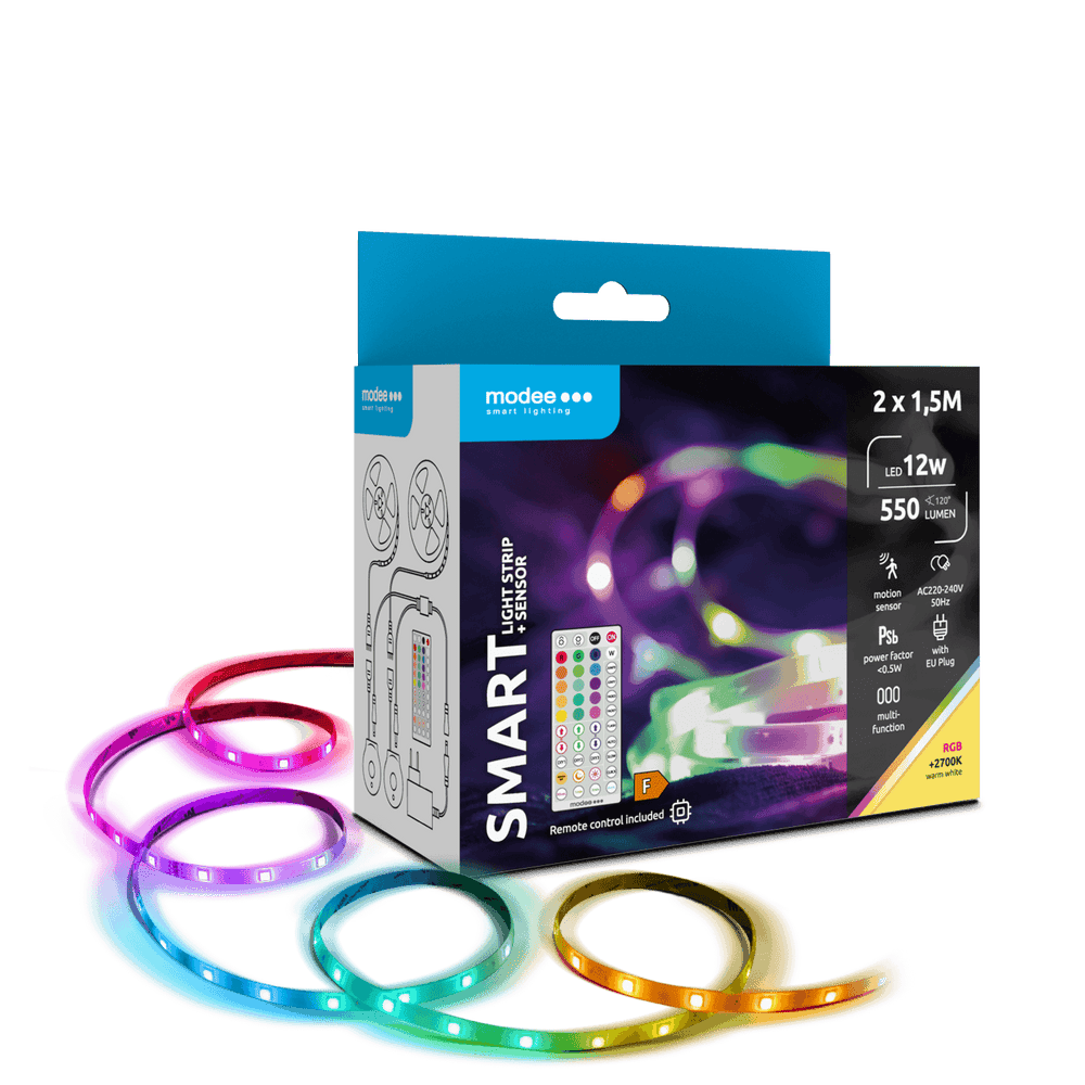 Modee LED Smart Strip 12W 2700K RGB IP20 con Telecomando e Sensore di Movimento, 2x1.5m, 550 lumen