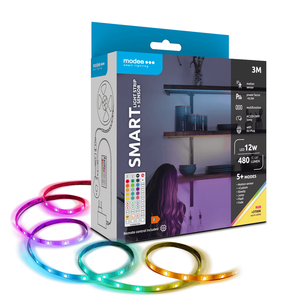 Modee LED Smart Strip 12W 3M IP20 con Telecomando, Sensore, RGB + 2700K 480 lumen per illuminazione flessibile