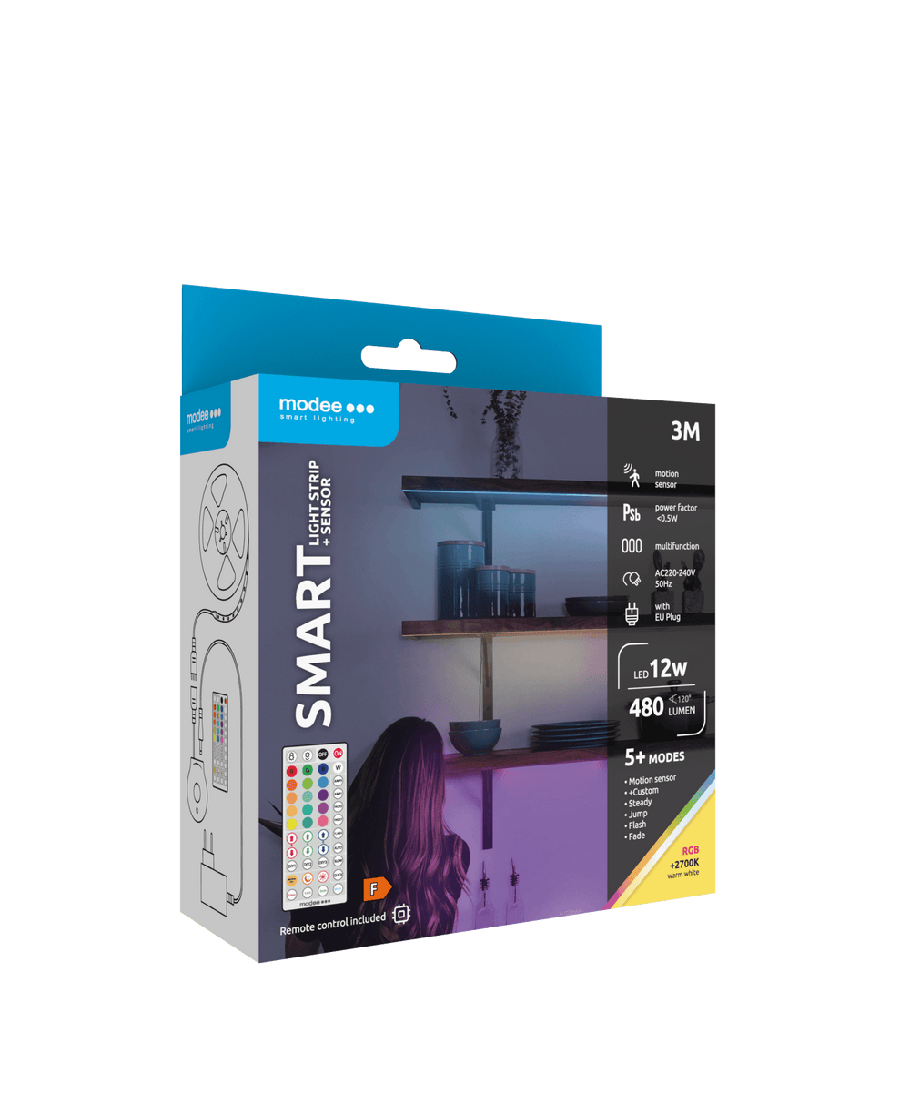 Modee LED Smart Strip 12W 3M IP20 con Telecomando, Sensore, RGB + 2700K 480 lumen per illuminazione flessibile