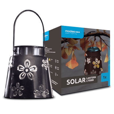 Modee LED Solar Lantern LT008, 2800-3200K Warm White, IP44 Outdoor Metal Round Black, Rechargeable Battery