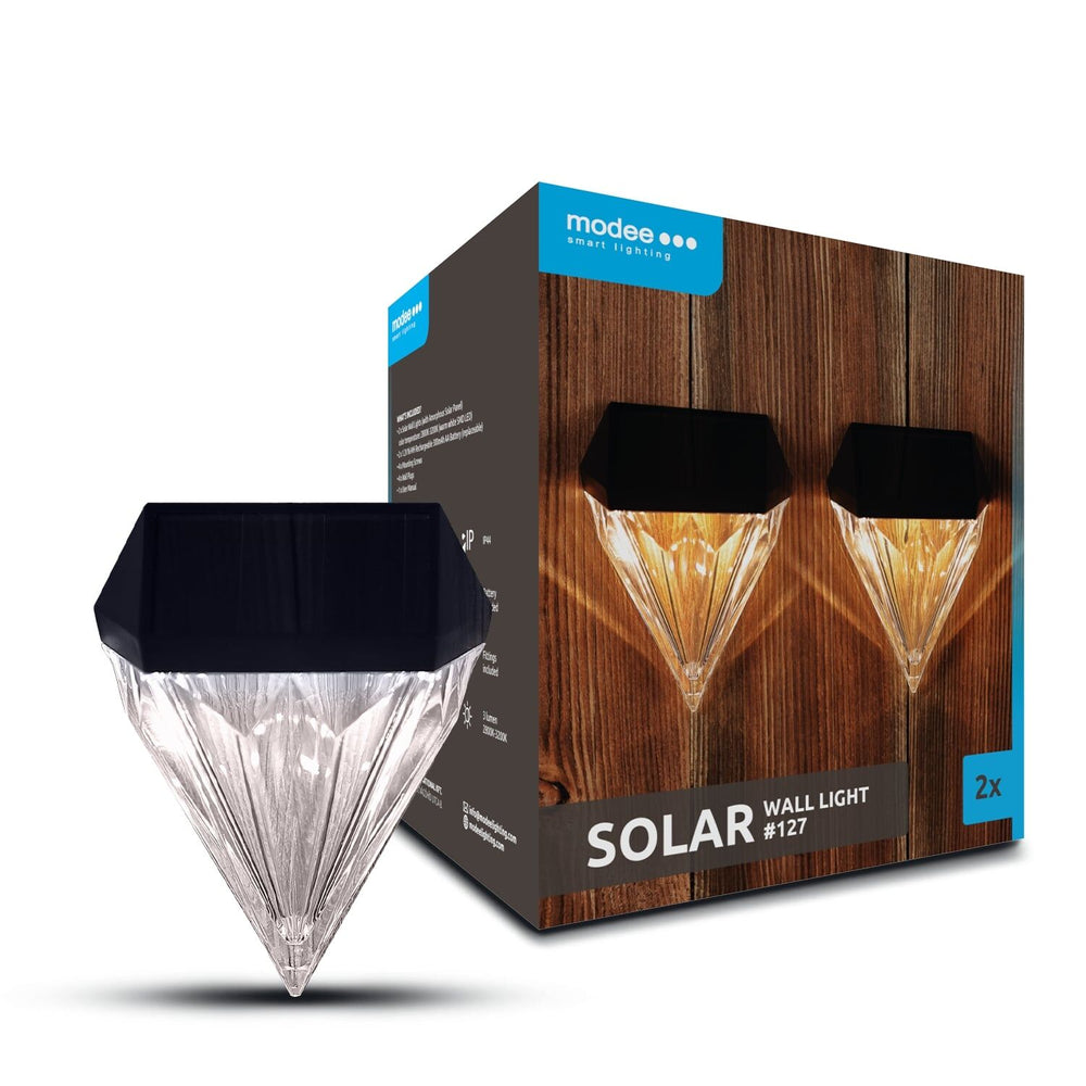 Modee LED solar wall light WS127, 2800-3200K warm white, IP44 outdoor, 2-pack with rechargeable battery