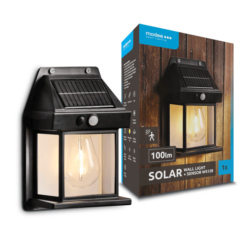 Modee Lampada da Parete Solare LED WS128 con sensore, 100 lumen, 2800-3200K, IP44, autonomia 6-8h