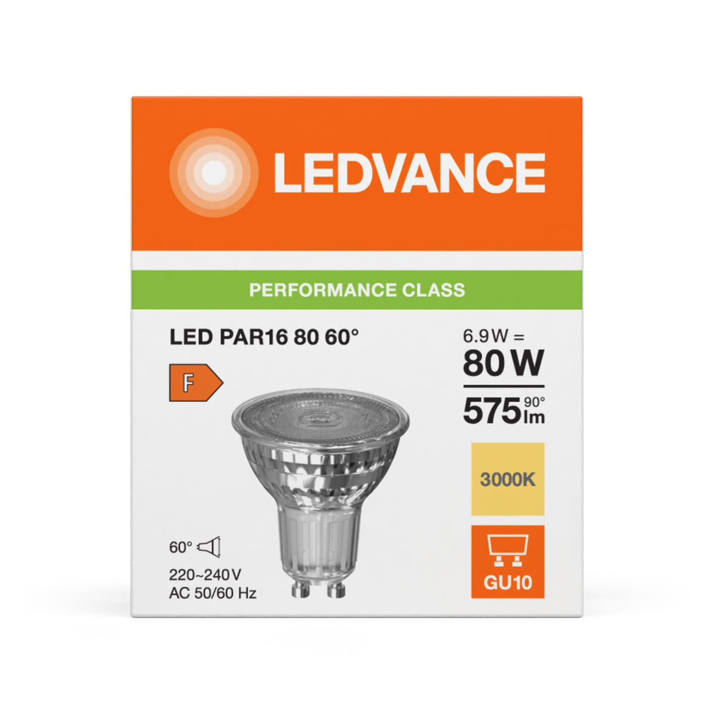 Faretto LED Performance Riflettore GU10 PAR16 6.9W 575 lumen 60D 3000K Bianco Caldo sostituisce 80W