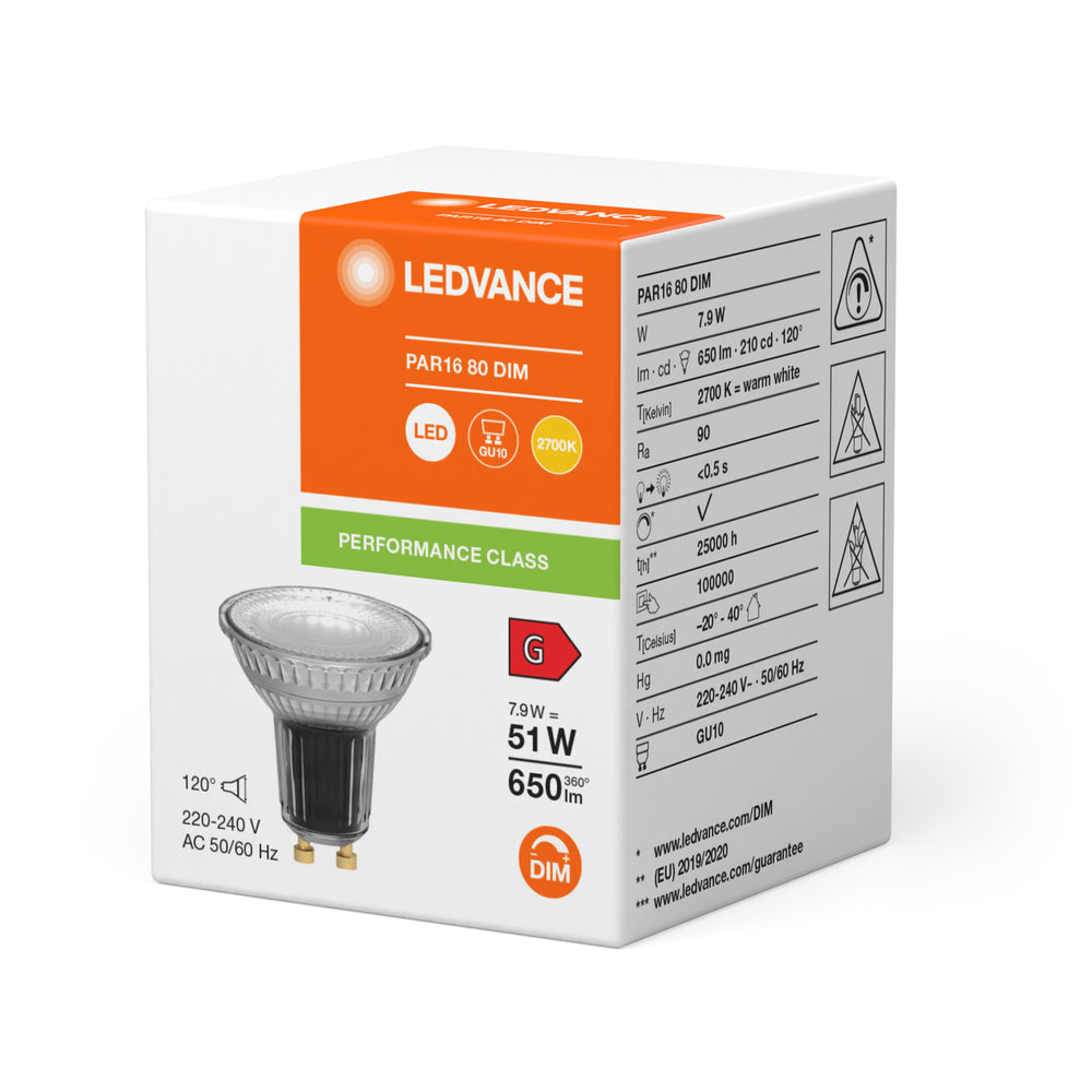 Performance LED Spot Riflettore GU10 PAR16 7.9W 2700K 650 lumen 120D dimmerabile alto CRI sostituisce 51W