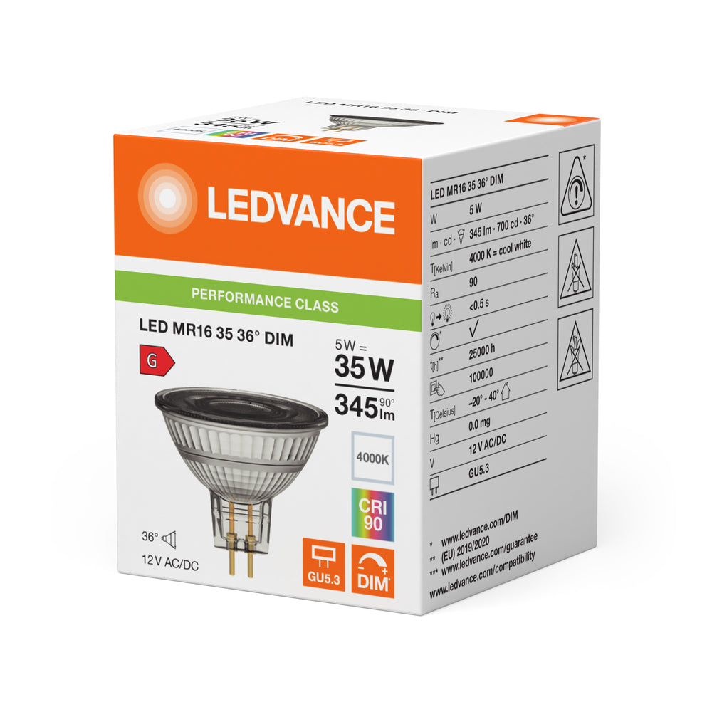 Faretto LED ad alte prestazioni GU5.3 MR16 5W 345 lumen 36D 4000K Bianco Freddo dimmerabile sostituisce 35W