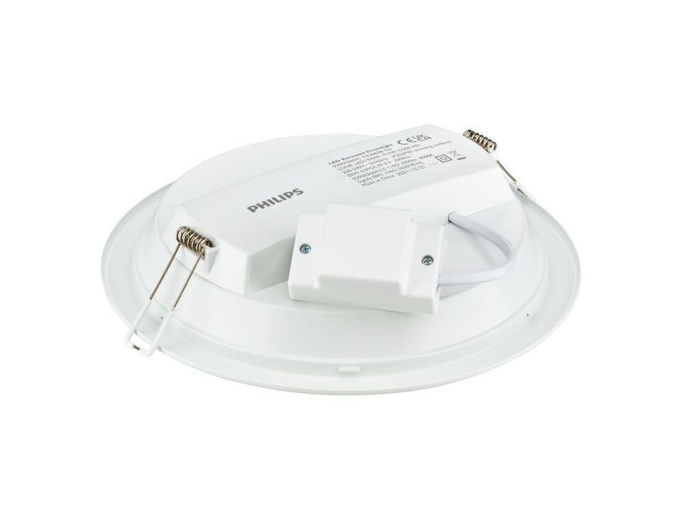 Philips LED downlight DN065B, metal white, 12W, warm white light, 120 lumens, wide 110° beam angle, cut-out size 150mm, ideal for cozy indoor lighting