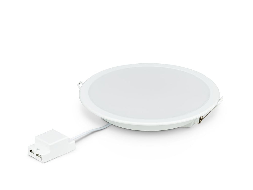 Philips LED downlight DN065B, metal white, 12W, warm white light, 120 lumens, wide 110° beam angle, cut-out size 150mm, ideal for cozy indoor lighting