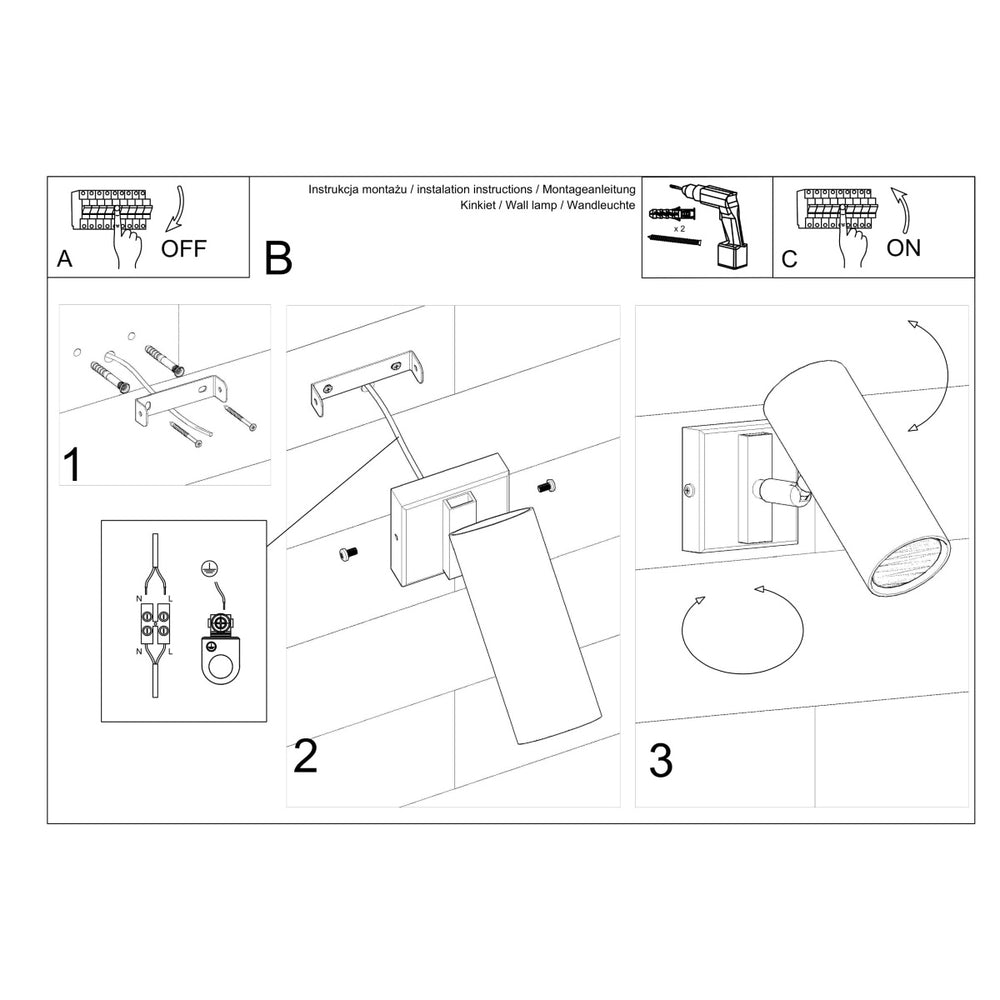 Sollux Lighting direzione black wall lamp, 220-240V LED, IP20, 80 CRI, 50W max