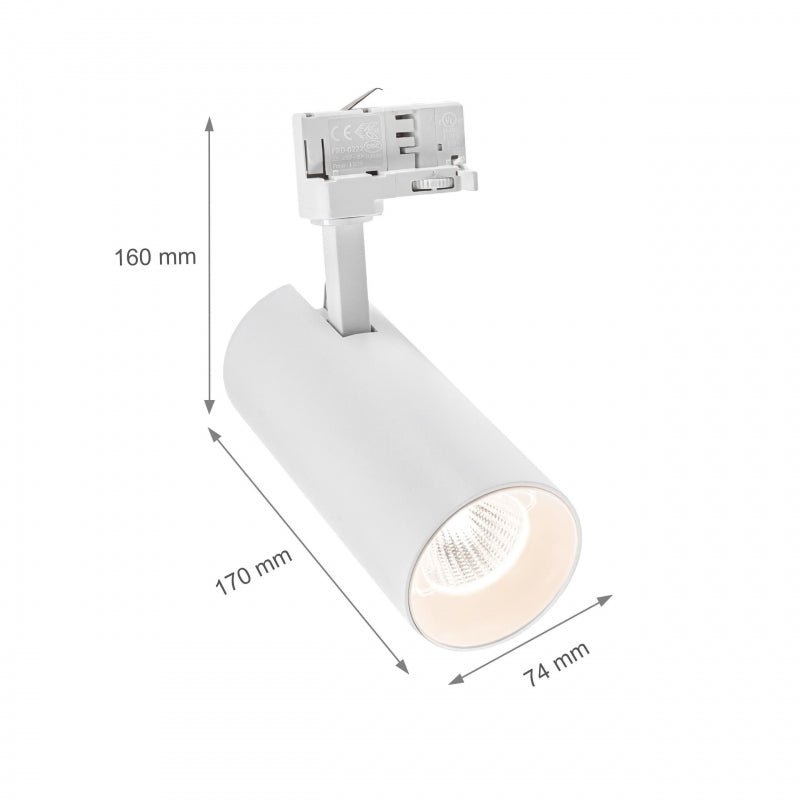 Andromeda COB LED 25W bianco caldo 3000K per binario a 3 fasi, angolo di radiazione regolabile 36-60 gradi, 3200 lumen