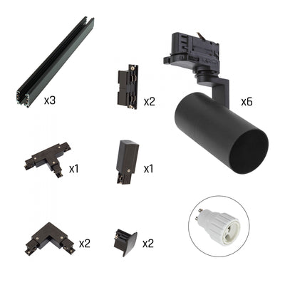 Set di Faretti a Binario LED Spectrum Madara Mini 6x GU10 con Binari Trifase Nero IP20 Alluminio