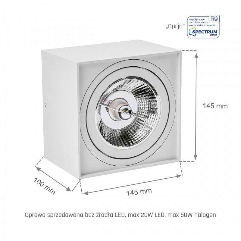 Spectrum CHLOE AR111 GU10 faretto LED quadrato, IP20, bianco, corpo in alluminio, 250V, uso interno, lunga durata