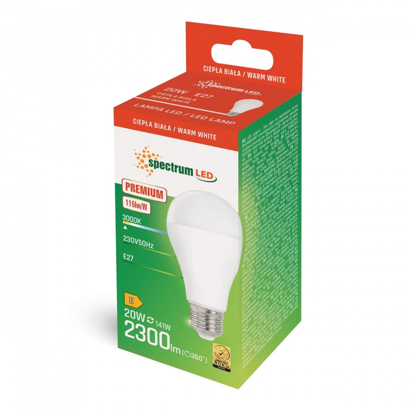 Lampadina Spectrum LED A65 E27 230V 20W Bianco Caldo 3000K GLS 2300 lumen IP20 >80CRI Non Dimmerabile