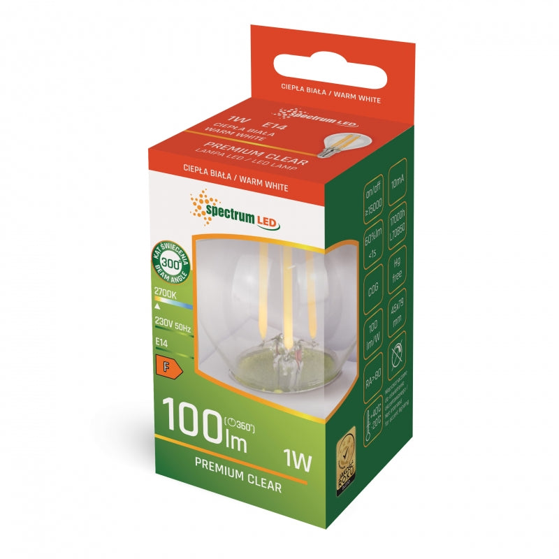 Lampadina Spectrum LED Sfera G45 E14 1W 230V 2700K Bianco Caldo Vetro Trasparente Non Dimmerabile da Interno