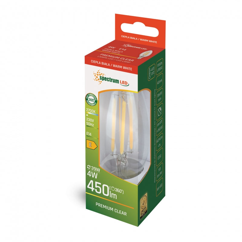 Candela LED Spectrum C35 E14 230V 4W 2700K Bianco Caldo Vetro Trasparente 450 lumen Filamento COG non dimmerabile