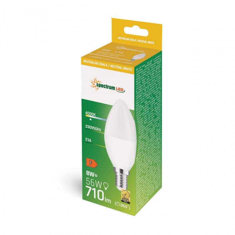 Candela LED Spectrum C37 E14 230V 8W 4000K Bianco Neutro 710 lumen Fascio 160° Non Dimmerabile Lampadina da Interno