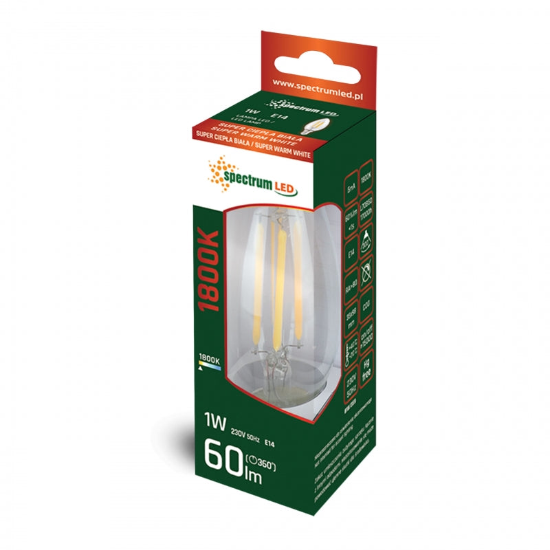 Candela LED Spectrum E14 1W 230V 1800K trasparente 60 lumen angolo fascio 300° IP20 non dimmerabile