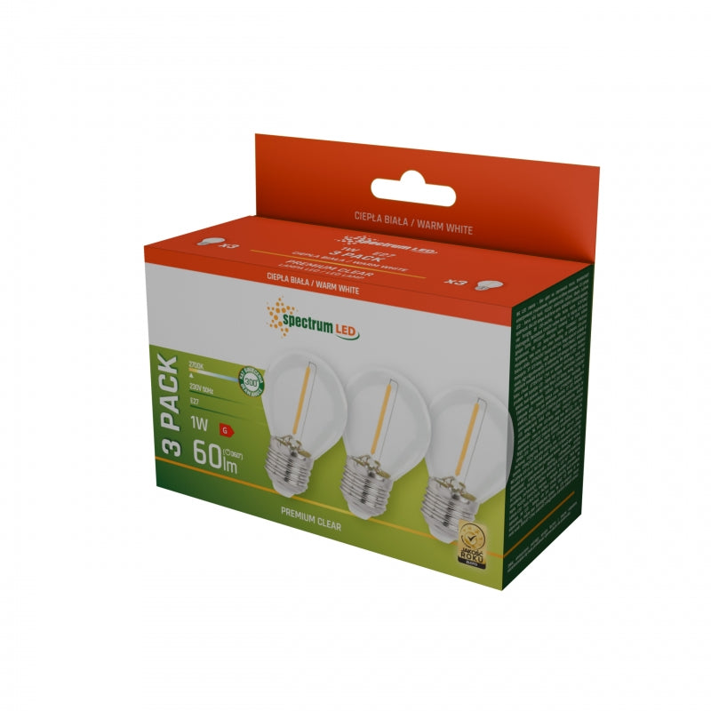 Spectrum LED E27 Bulb 1W 230V 2700K Warm White Clear Glass 60 lumens 300° Beam 3-Pack
