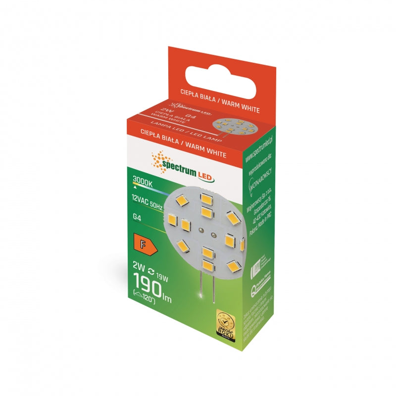 Lampadina Spectrum LED G4 12V 2W 190 lumen Bianco Caldo 3000K fascio 120° CRI 80 non dimmerabile 30mm