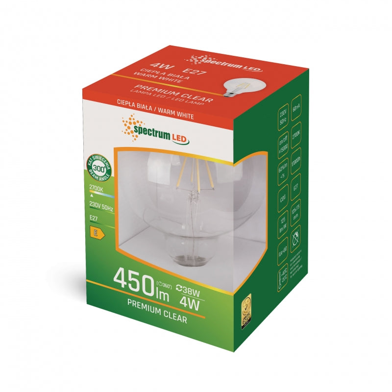 Lampadina a globo LED Spectrum G95 COG Filament E27 230V 4W 2700K Bianco Caldo 450 lumen Vetro Trasparente