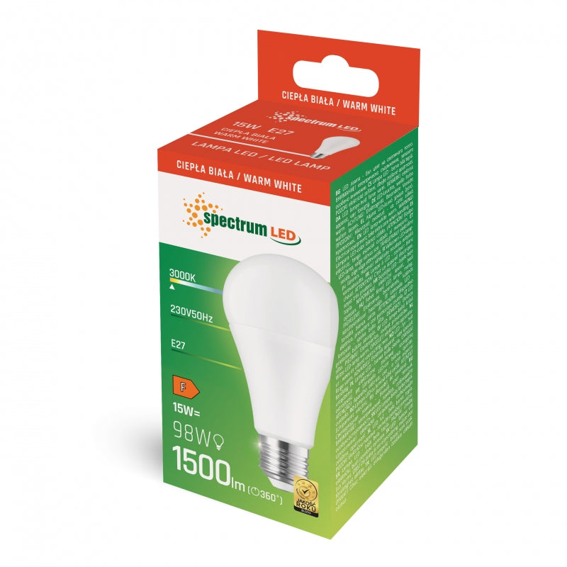Lampadina LED Spectrum GLS E27 15W 230V 3000K Bianco Caldo 1500 lumen angolo del fascio 270° non dimmerabile
