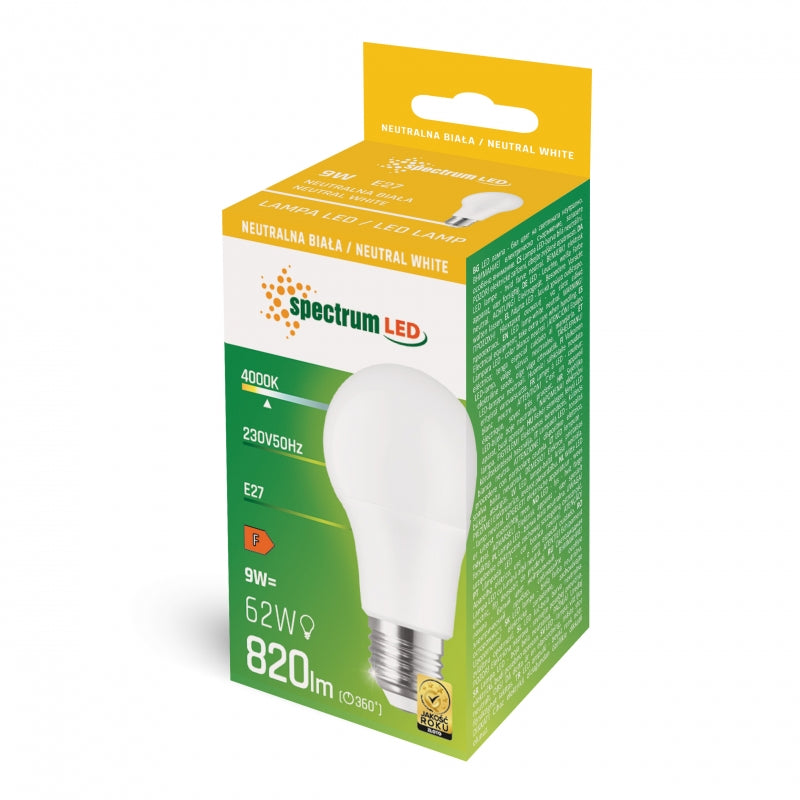 Lampadina LED Spectrum GLS E27 230V 9W 4000K Bianco Neutro 820 lumen Fascio 270° Non Dimmerabile