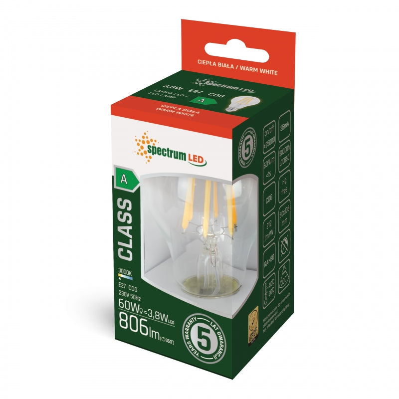 Spectrum LED GLS E27 bulb 3.8W 3000K warm white 806 lumens clear glass A-Class COG filament 230V 5Y warranty