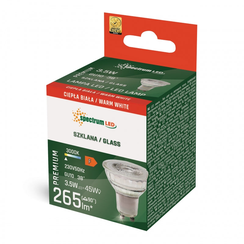 Spectrum LED GU10 230V 4W 3000K Warm White 315 lumens 38° Glass Spotlight Non-Dimmable