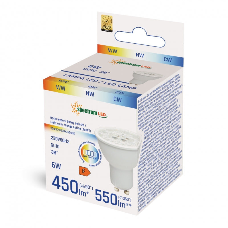 Lampadina Spectrum LED GU10 230V 6W CCT 6000K 550 lumen Fascio 38° Corpo Bianco CRI 80 Non Dimmerabile