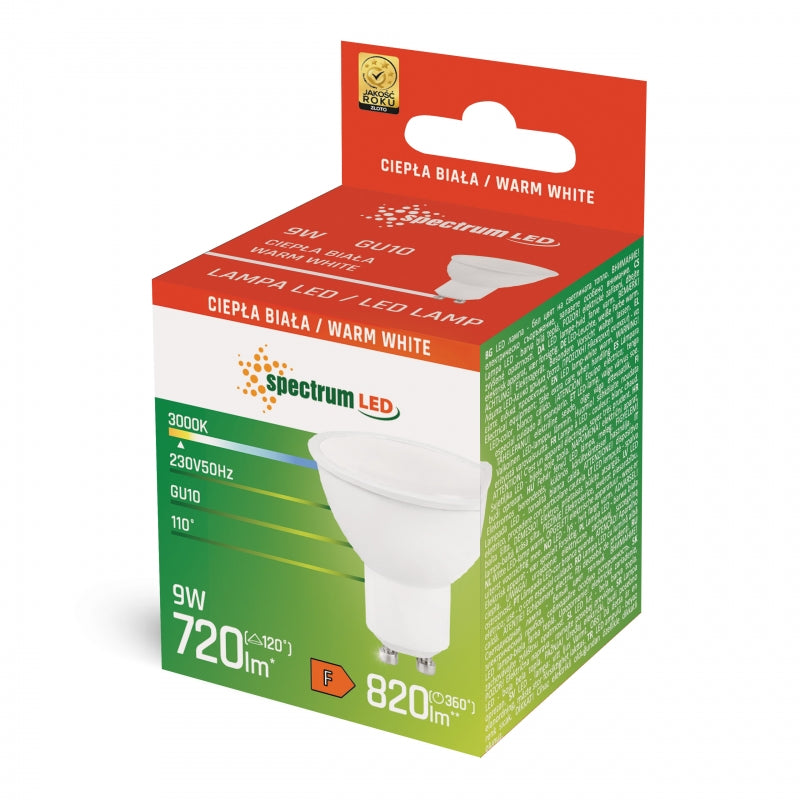 Lampadina Spectrum LED GU10 230V 9W 3000K Bianco Caldo 820 lumen non dimmerabile con copertura opalina Bianco
