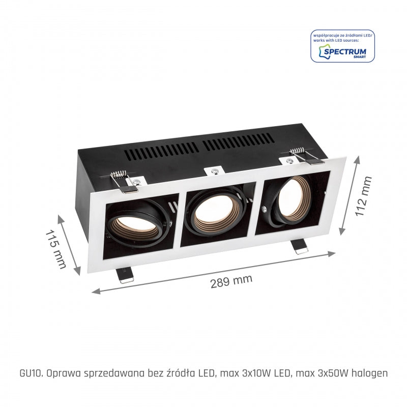 Spectrum LED recessed frame for 3x GU10, White aluminum housing, 3x10W max, 250V, IP20 indoor lighting