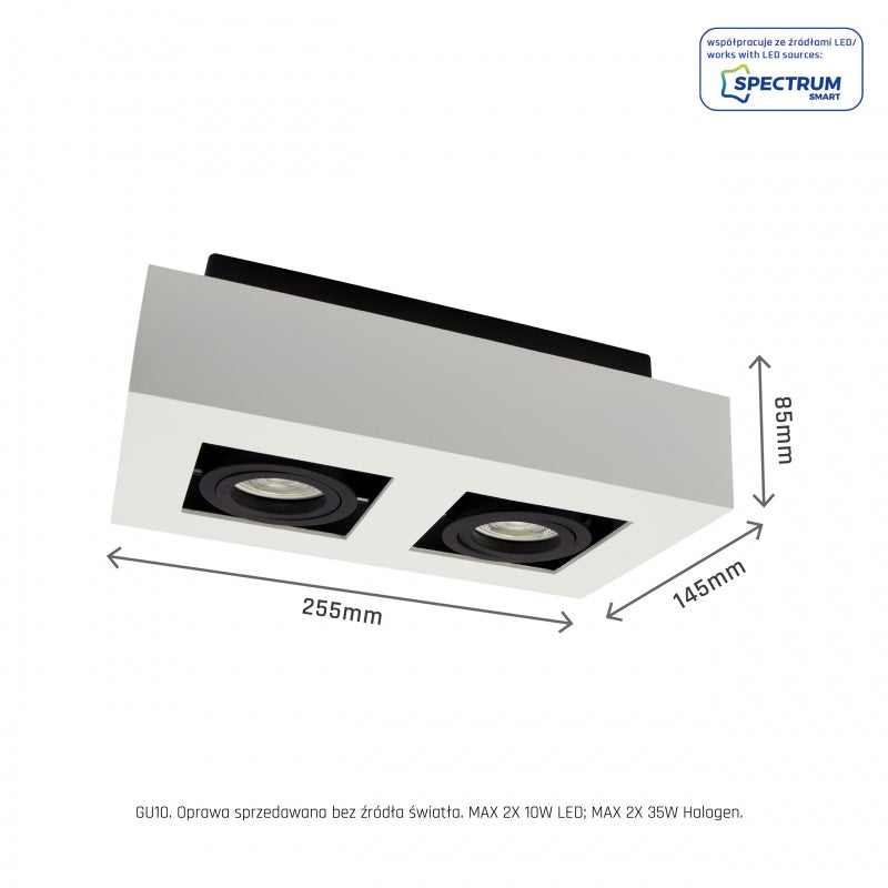 Faretto da soffitto a superficie Spectrum MIRORA GU10, 2x10W LED, 250V, IP20, orientabile, Alluminio Bianco Nero