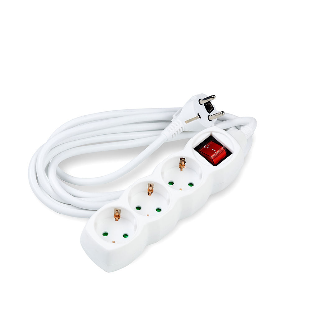Tecnologia Presa Multipla 3 Vie con Cavo in Rame 1,5mm² da 5m, Interruttore, Bianco, 16A 250V